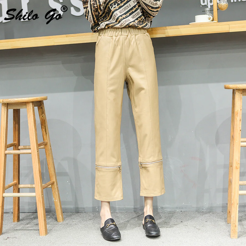 

Elegant Flare Pants Women Office Lady Minimalist High Waist Genuine Leather Pants Black Zippers Detail Sheepskin Trousers Female