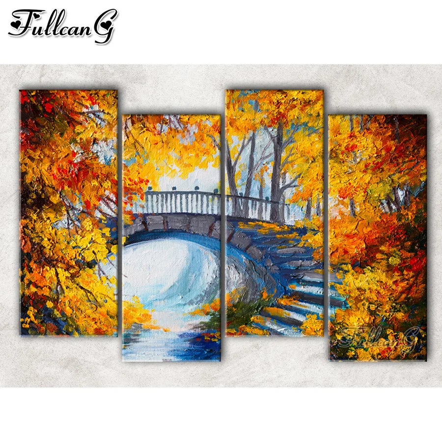 

FULLCANG Abstract autumn landscape bridge 4 piece diy large diamond painting full drill 5d mosaic embroidery sale FG0093