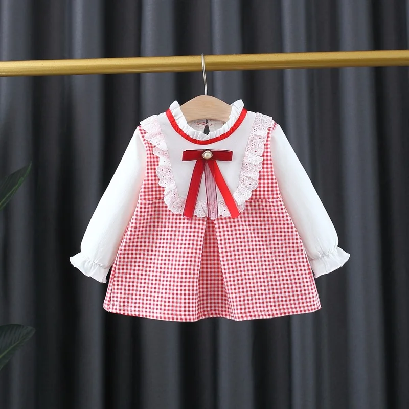 

Spring New Baby Girls Sweet Bow Dress Lace Grid Brim Cute Child Long Sleeve Dress Baby Clothes Kids
