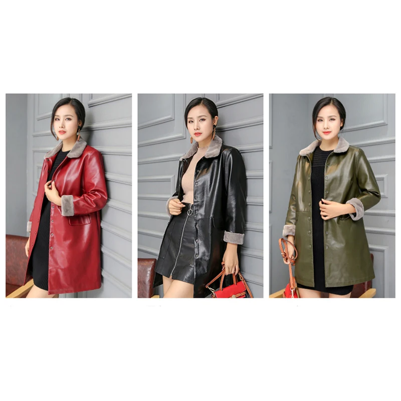 

Autumn Winter Women Plus Velvet PU Faux Leather Jackets Female Cotton Medium Long Jacket Full Sleeve Coats Gift For Mom Loose