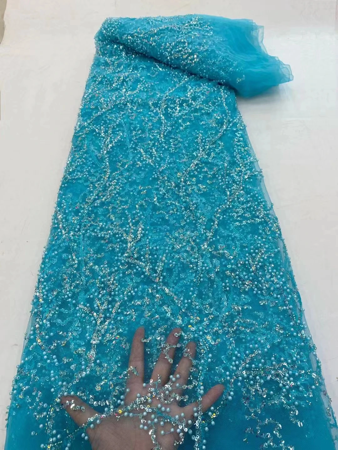 

2021 Teal African tulle lace pearls tube beads with sequins embroidered Nigerian French net Beads lace fabric for party KXX21210