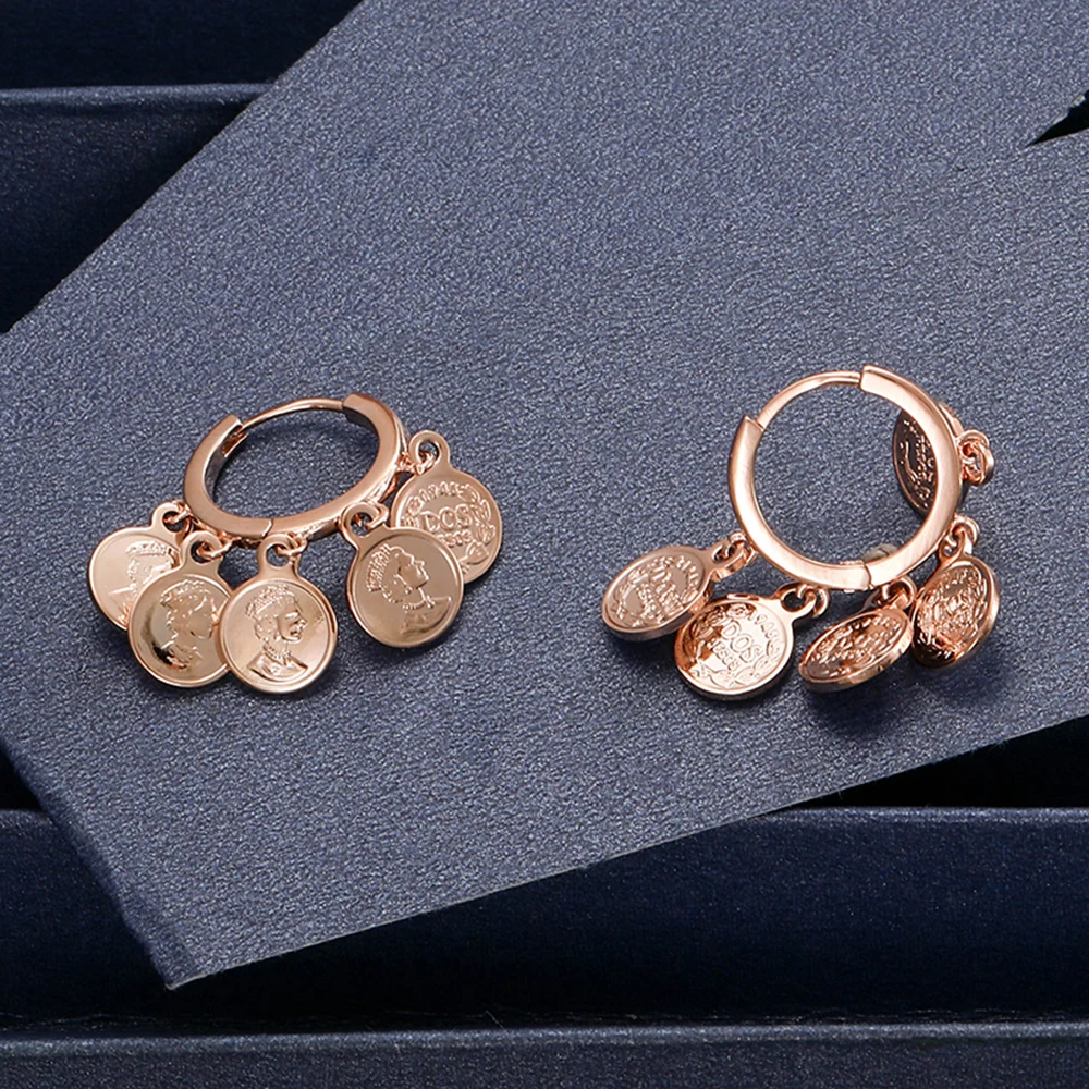 Trendy Queen Engraved Hoop Earrings For Women Rose Gold Stainless Steel Round Coin Drop Fashion Jewelry Accessories | Украшения и