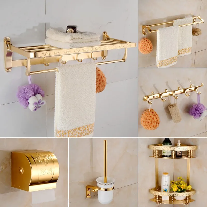 

Space Aluminum Towel Rack Folding Golden Toilet Tissue Brush Holder Towel Bar Bathroom Accessories Storage Organization Set