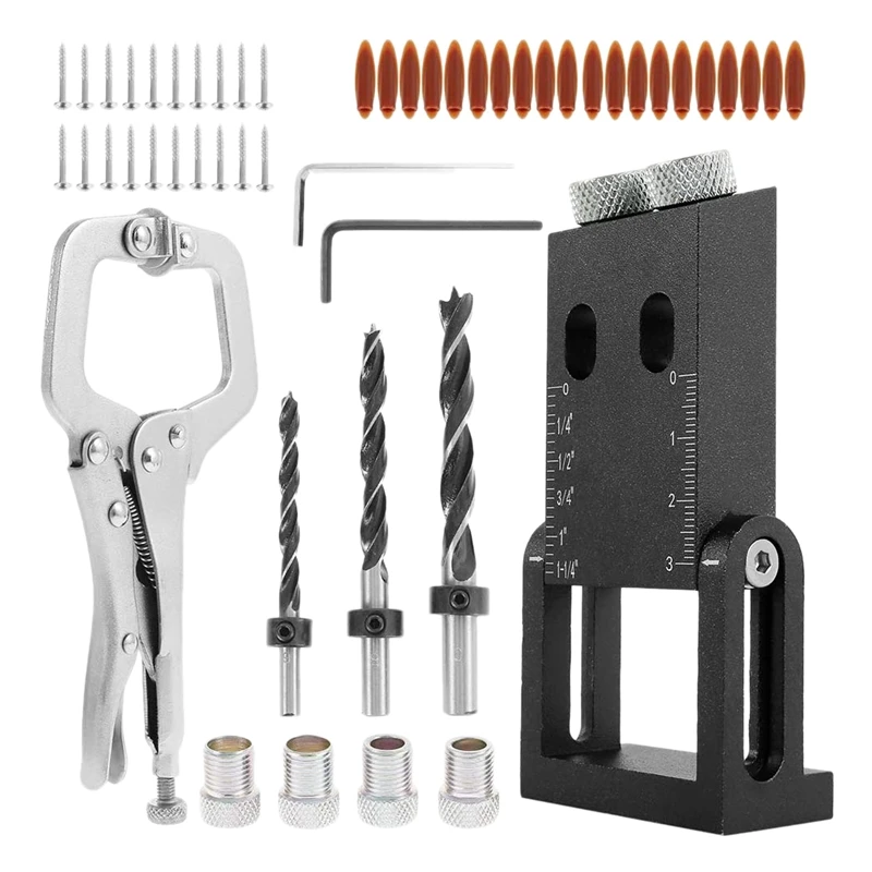 

56 Pcs Pocket Hole Screw Fixture, 15 Degree Adjustable Double Pin Drill Woodworking Kit, for DIY Woodworking