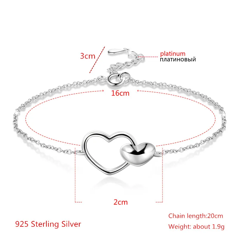 

Buyee 100% 925 Sterling Silver Women Bracelet Shiny Silver Double Heart Simple Bracelets Bangle for Women Fashion Fine Jewelry