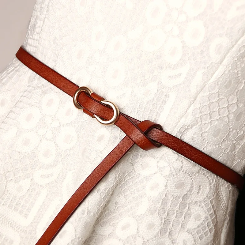 Thin Real Leather Women Belt Metal Button Korean Casual Ladies Knot Belts for Dresses Autumn Camel Dress Accessories