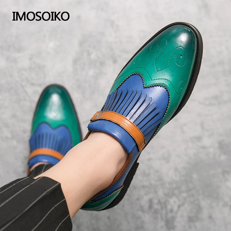 

IMOSOIKO Men's Leather Shoes British Patchwork Pointed Flat Tassel Oxford Shoes Green Yellow Fashion Casual Business Loafers