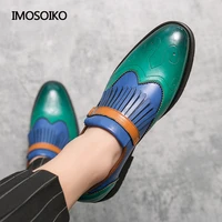 imosoiko mens leather shoes british patchwork pointed flat tassel oxford shoes green yellow fashion casual business loafers