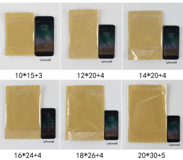 500 шт./лот пакет из крафт бумаги с окошком на молнии перезаряжаемые пакеты для