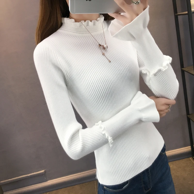 

2019 new Autumn Winter Half turtleneck Warm thick Pullover Knitted Sweater Women Ruffle sleeve Harajuku Sweater Female cc1088