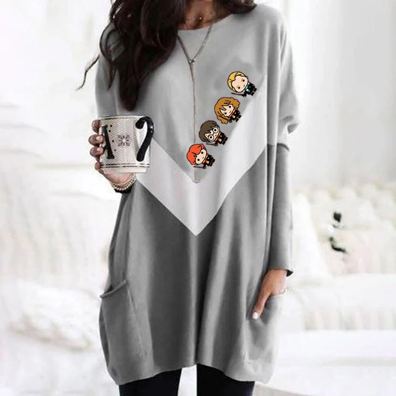 

2021 Valentine's Day O-Neck Long Sleeve Letter Print Casual Long T-Shirts Women Pullover Patchwork Double Pockets Loose Tops