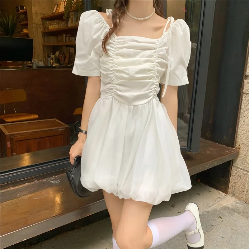 

Dress children's summer thin 2021 new French off shoulder white pleated bubble sleeve waist first love skirt