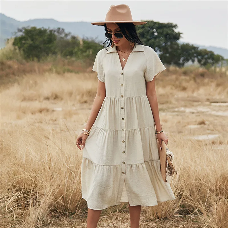 

Spring New Single Breasted Solid Dress Women 2021 Casual V Neck Summer Dress Ladies Holiday Style High Waist A Line Dresses 2021