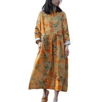 spring autumn digital print pure linen dress with lined hem womens clothing yellow dress vintage dress
