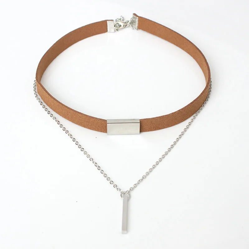 Brown Silver Новинка, Черный Бархатный чокер, ожерелье, Полоска, веревка, цепь, квадратная труба, Полоска, чокер, женский воротник, mujer collier femme ras du cou - Окраска металла: Brown Silver