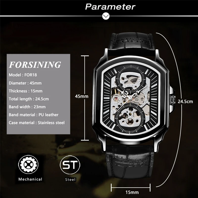 Часы наручные Forsining Мужские автоматические Классические Прозрачные брендовые