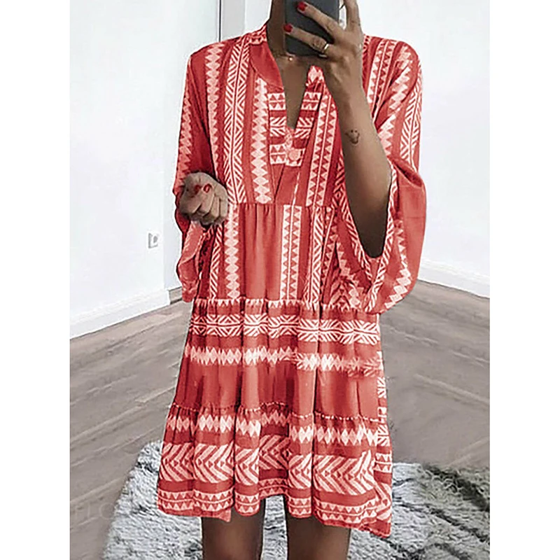 2019 Boho Платье женское повседневное v-образным вырезом с длинным рукавом