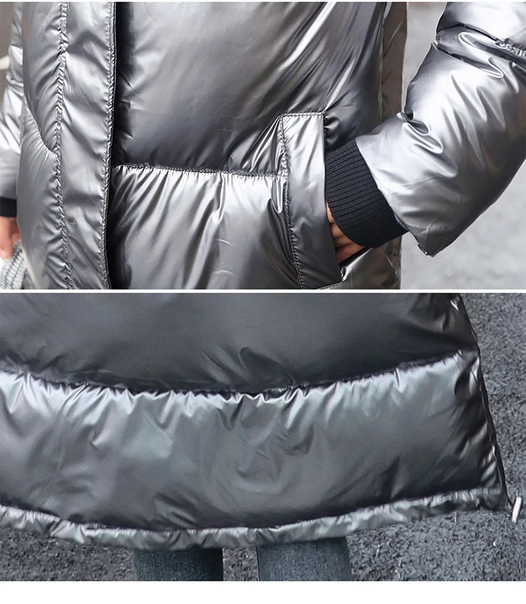 Глянцевая зимняя женская куртка 2019 Повседневная Длинная парка плотное хлопковое