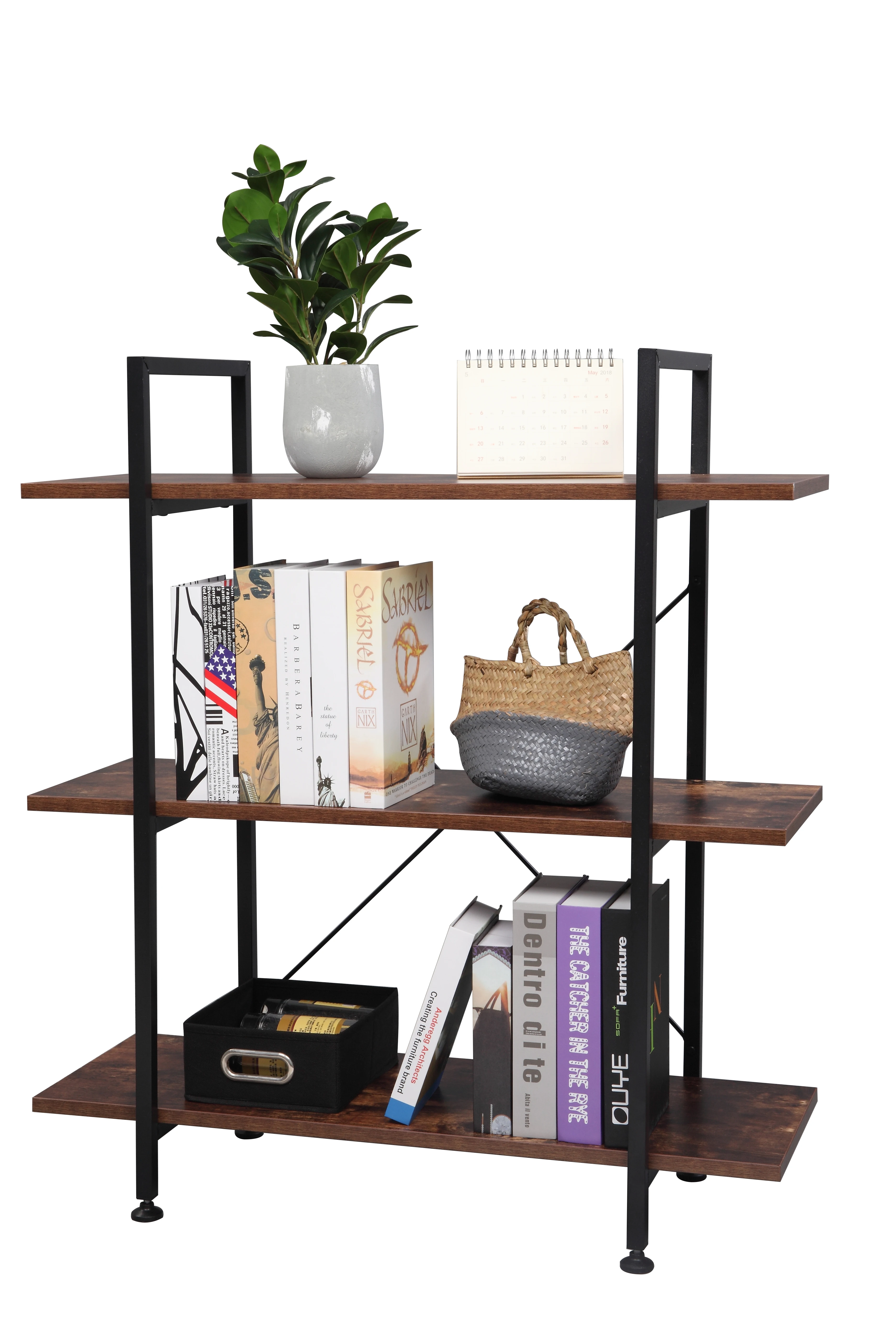 

US Warehouse3-Tier Industrial Bookcase and Book Shelves, Vintage Wood and Metal Bookshelves, Retro Brown