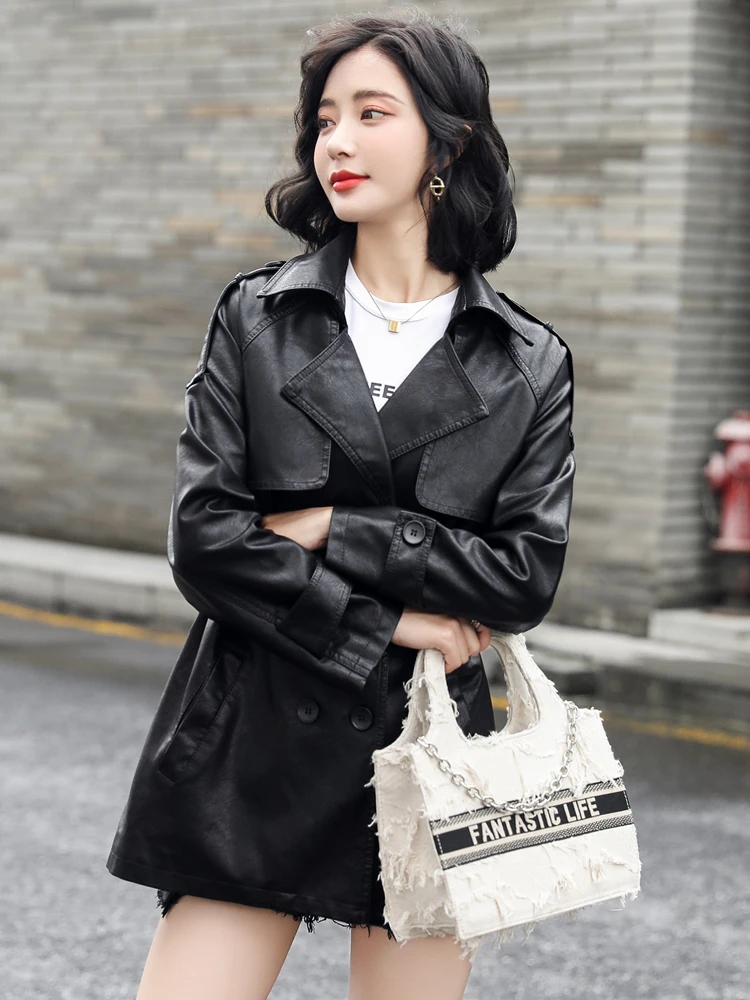 New Women Leather Jacket Spring Autumn 2022 Casual Fashion Solid Color Elastic Waist Loose Sheepskin Trench Coat Biker Jacket