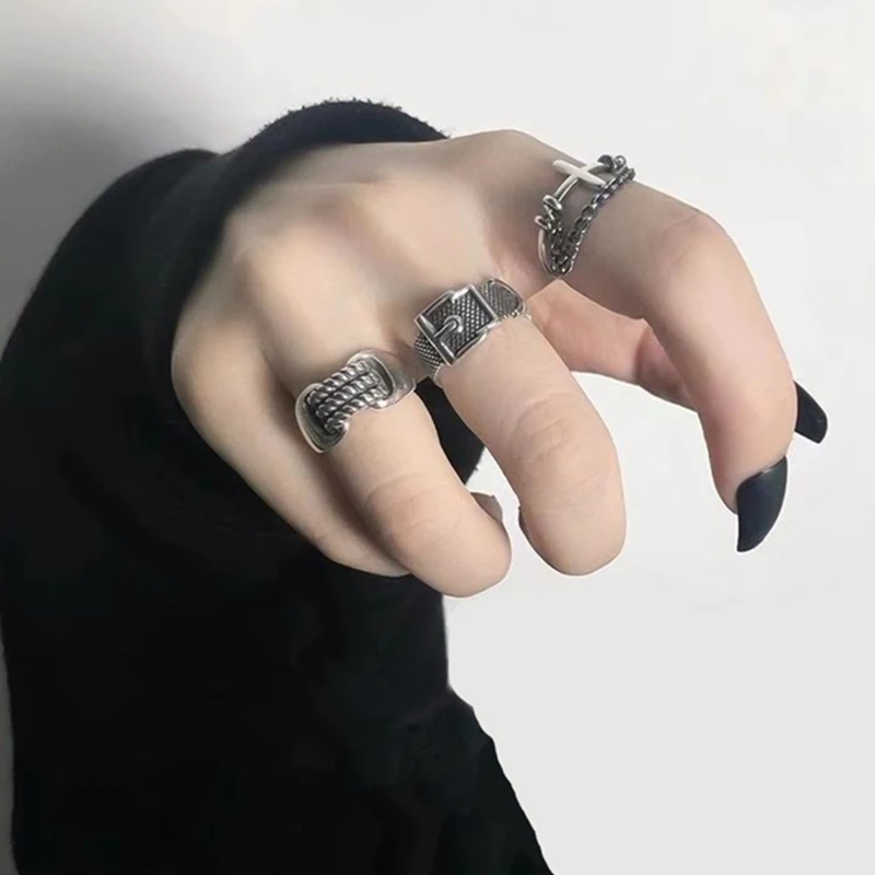 2021 Винтаж серебро Цвет металл панк цепи крест открытые кольца с пряжкой на ремне