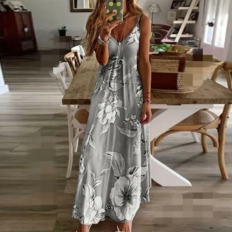 Women Halter V Neck Boho Dress Summer Sleeveless Floral Printed Long Beachwear Sundress 2020 Fashion Plus Size S-3XL | Женская одежда