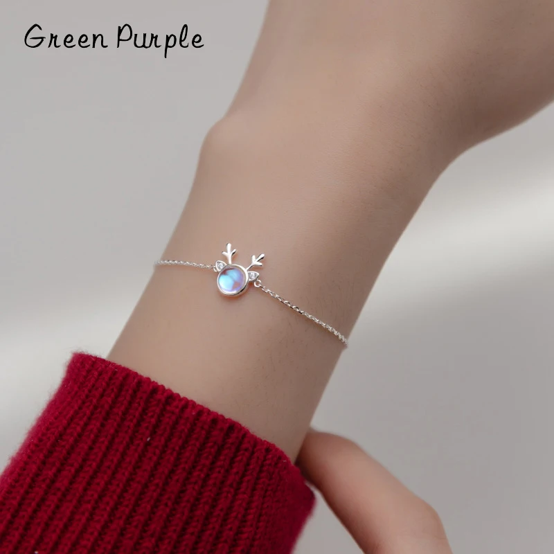 

Grene Purple Real s925 Sterling Silver Christmas Antlers Moonstone Elegant Bracelet Chain for Women Wedding Fine Jewelry Gift