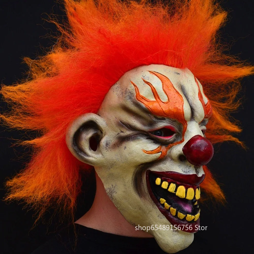 Хэллоуинская маска злобного страшного клоуна с пламенем из резинового латекса с волосами, смешной джокер для взрослых мужчин и женщин на новогоднюю вечеринку или карнавал.