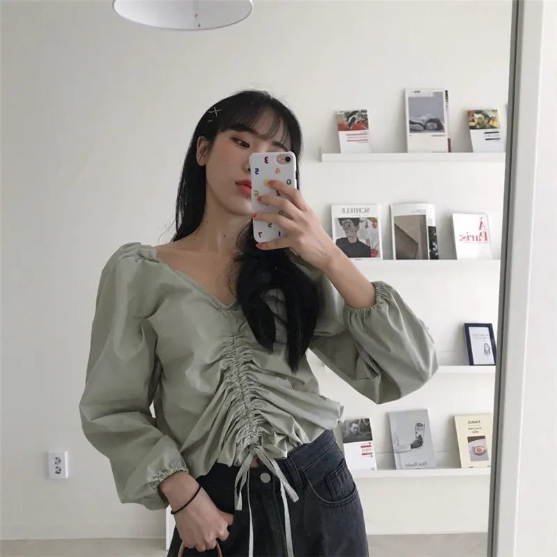 

RUGOD 2021 spring style drawstring design v-neck puff sleeve shirt