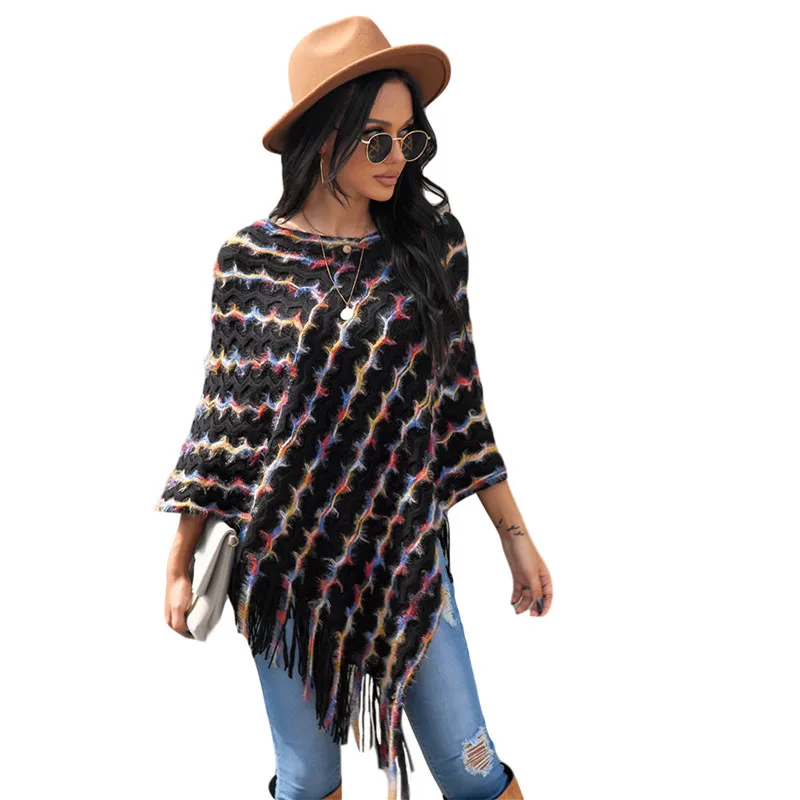 

Plus Size Women Fashion Striped Triangle Long Pullover V Neck Loose Sweater Autumn Outer Street Cloak Knitted Tassel