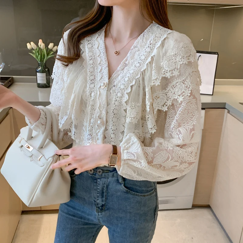 

ZAWAHIKI Lace Gauze V-neck Elegant Solid Blusas Mujer 2021 Spring Single Breasted Long Sleeve Vintage Korean Women Blouse
