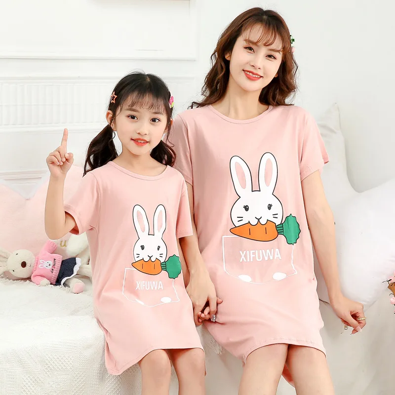 Baby Girls Sleepwear Summer Family Matching Outfits Night Dress Mother Daughter Mom Me Pajamas Look Cartoon Cotton Nightgowns