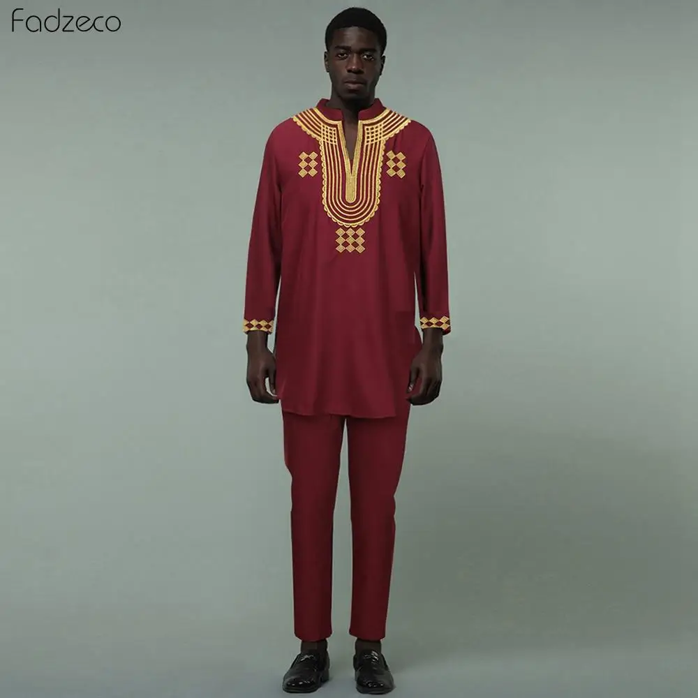 Fadeco мужской африканский Дашики с принтом Топ Брюки комплект из 2 предметов 2019