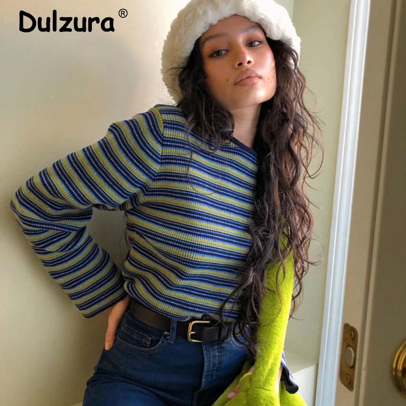 Cozy Mink Cashmere Cropped Tops Sweaters Women Autumn Short Sleeve Knitted Pullovers Colorful Striped High Street Jumpers