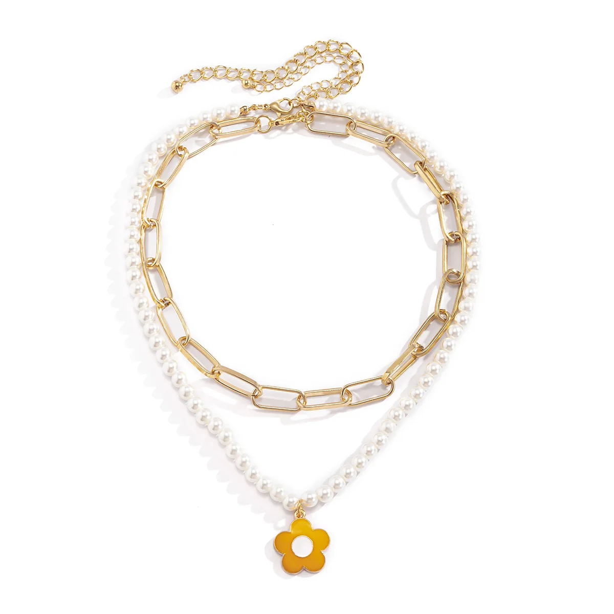 

fashion personality, retro pastoral color small flower pearl necklace, exquisite female temperament, multi-layered clavicle chai