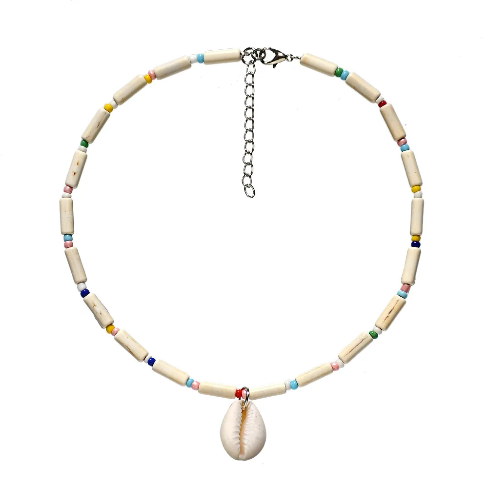 

Handmade Colorful Rice Beads Turquoise Neck Clavicle Necklace Female Holiday Shell Pendant Beach Style Female Choker Jewelry