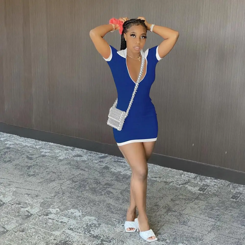 

Women Knitted Patchwork Turn Down Neck Short Sleeve Bodycon Mini Casual Dress Sexy Party Club Dresses Pencil Vestidos Sundress