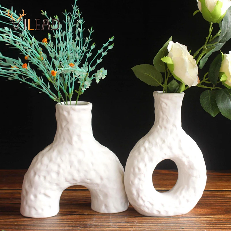 

VILEAD European Ceramic Art Vases White Donut Dried Flowers Arrangement Plant Pot Home Decor Living Room Ware Decoration Salon