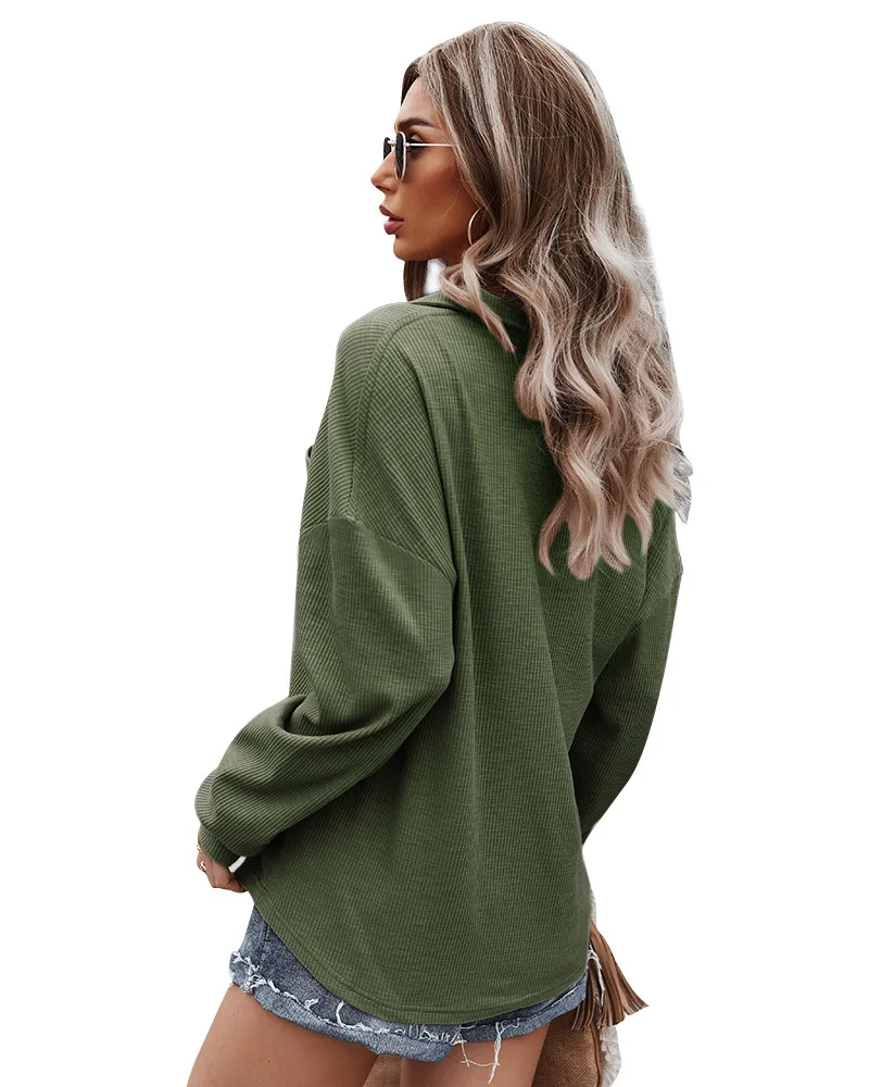 

2021 Autumn Knitted Top Winter Cloth Women Lapel Button Pocket Long Sleeve Solid Slim Sweatshirt Top Women Fashion Streetwear