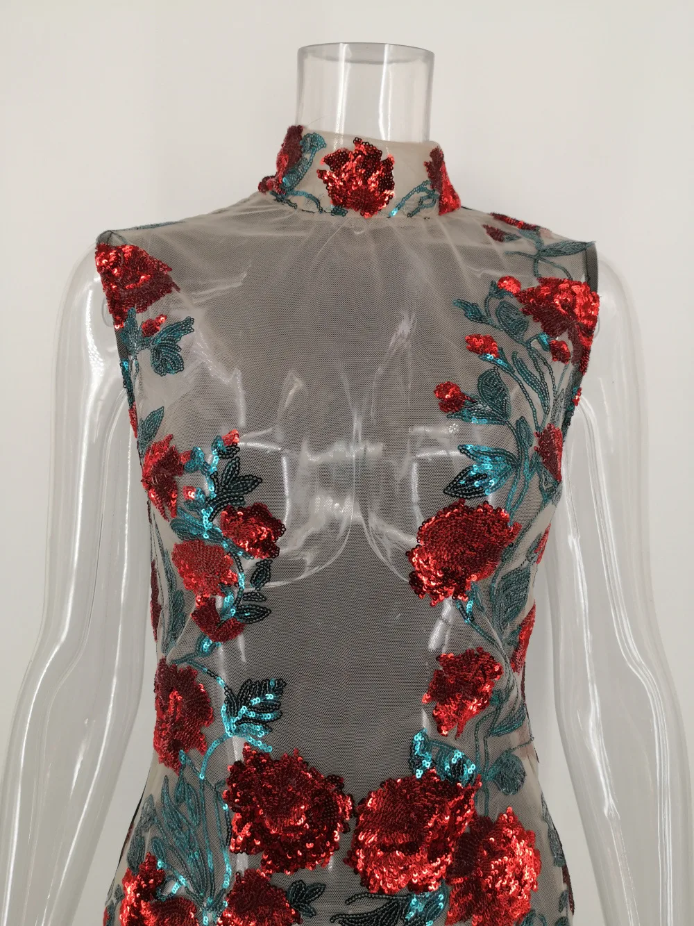 

WEPBEL Nightclub Women's Sexy Sleeveless Mini Dress Mesh Sequins Dress High Waist Floral Flower