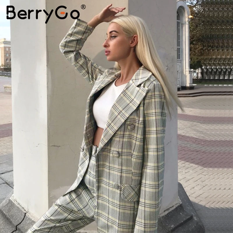 BerryGo элегантный офисный женский клетчатый Блейзер комплекты из двух предметов