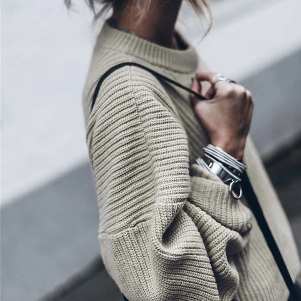 Женский свитер с длинным рукавом и круглым вырезом повседневный однотонный