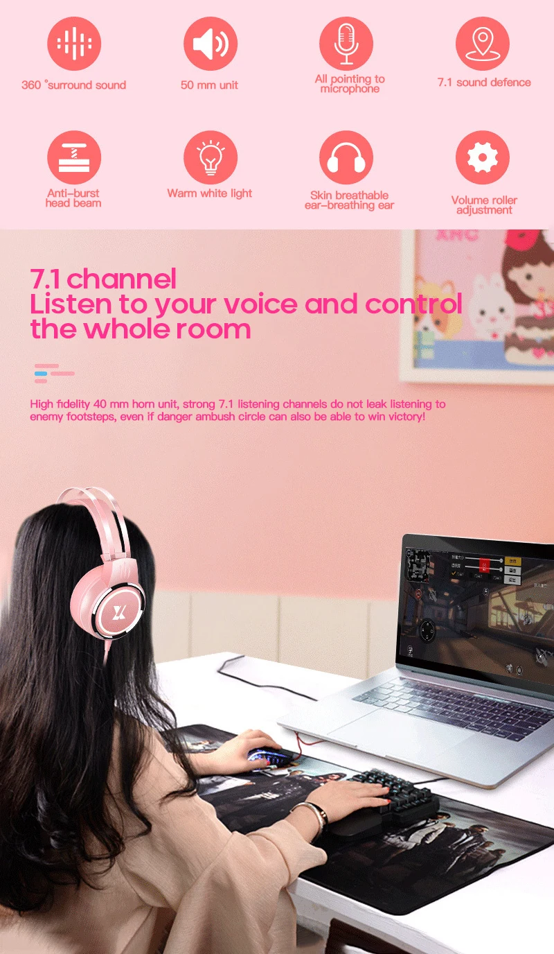 7 1 канальный розовая гарнитура игровая Проводной микрофон для профессиональных