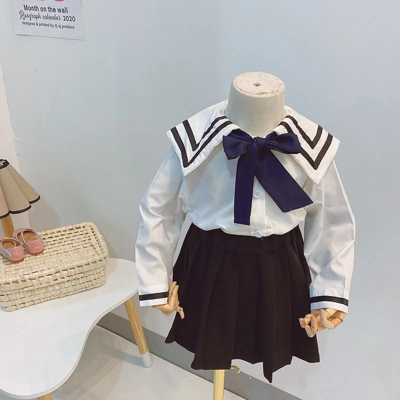 

Осенние костюмы для маленьких девочек, повседневная темно-синяя рубашка с воротником и плиссированная юбка, комплекты из двух предметов дл...