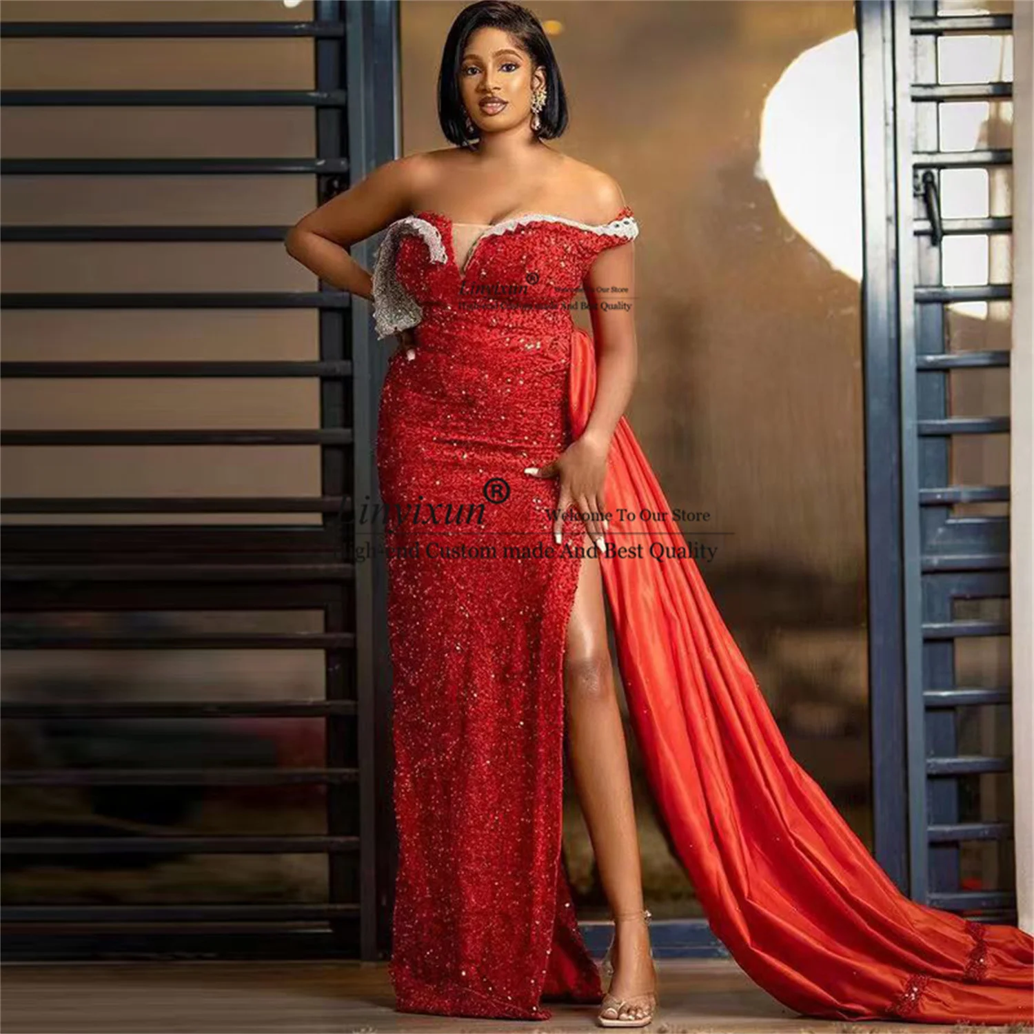 

Потрясающие красные боковые фонарики со съемным шлейфом на одно плечо блестками Русалка фонарики для вечеринки