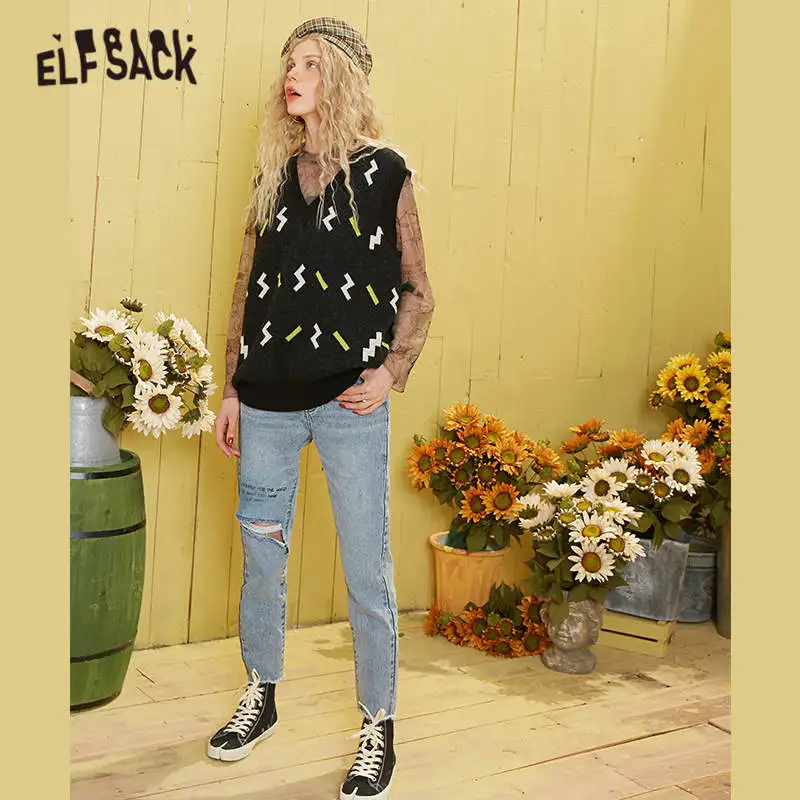 Женский трикотажный пуловер ELFSACK розовый разноцветный жаккардовый свитер жилет