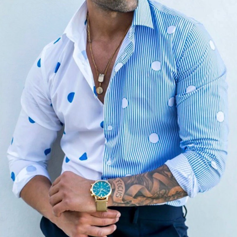 2021 Autumn Men Blue Striped Polka Dot Slim Long Sleeved Casual Shirts European American Lapel Button Dress shirt Male Blouse