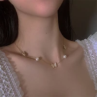 vintage butterfly pearl pendant necklace korea fashion statement gold color choker for women 2021 trend new fairy clavicle chain