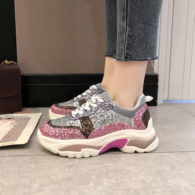 Прямая поставка женский Блестящий на платформе кроссовки модные женские ботинки