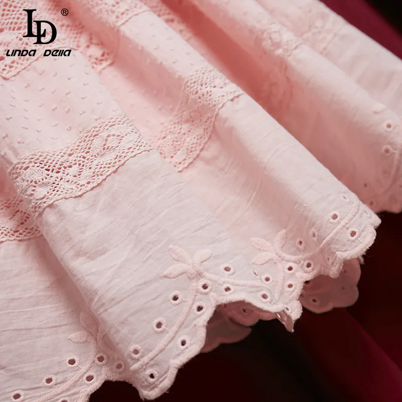 

LD LINDA DELLA Summer Runway Cotton Short Dress Women Stand collar Lace Embroidered Elastic waist Lady Pink Sweet Holiday Dress
